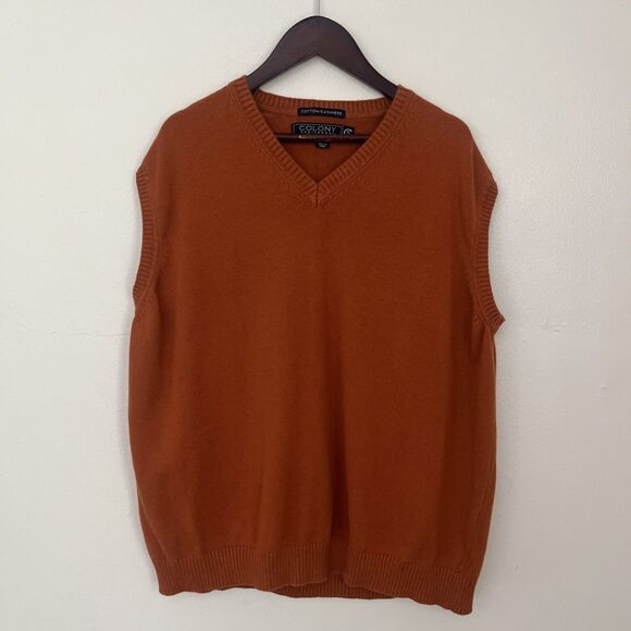 COLONY SPORTSWEAR Knit V Neck Cashmere Cotton Blend Sweater Vest, Orange- XL - Picture 1 of 11